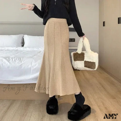 Autumn Winter Knitted Long Korean Fashion Temperament Elegant High Waist Solid Slim Black Fishtail