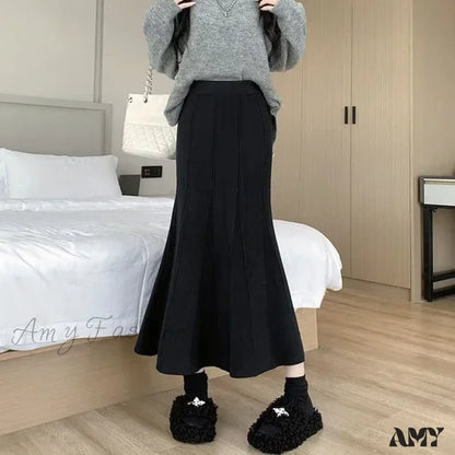 Autumn Winter Knitted Long Korean Fashion Temperament Elegant High Waist Solid Slim Black Fishtail