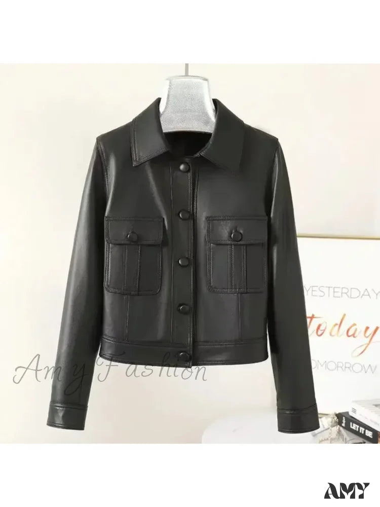 Autumn Winter Leather Lapel Fashion Cool Cardigan Long Sleeve Short Jacket