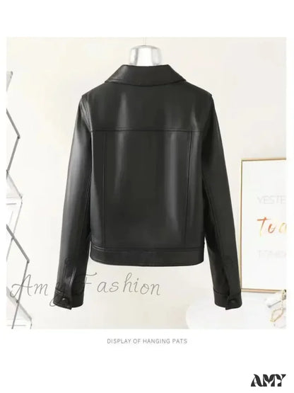 Autumn Winter Leather Lapel Fashion Cool Cardigan Long Sleeve Short Jacket