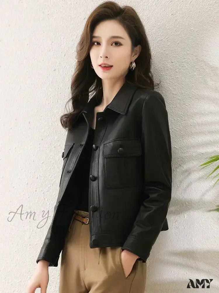 Autumn Winter Leather Lapel Fashion Cool Cardigan Long Sleeve Short Jacket Black / S