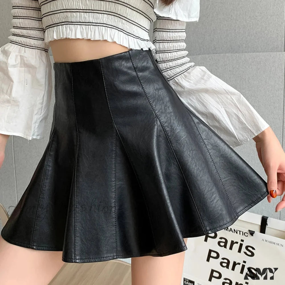 Autumn Winter Leather Pleated High Waist Sexy Black Club Wear Skirt / S