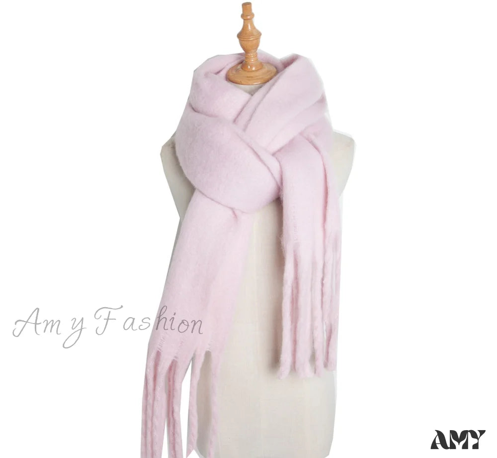 Autumn Winter Long Fringe Thick Plain Green Scarf Pink / 215Cm