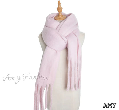 Autumn Winter Long Fringe Thick Plain Green Scarf Pink / 215Cm