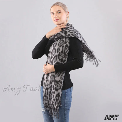 Autumn Winter Long Leopard Print Fringe Double-Sided Thick Warm Cozy Scarf