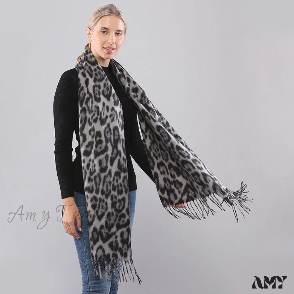 Autumn Winter Long Leopard Print Fringe Double-Sided Thick Warm Cozy Scarf