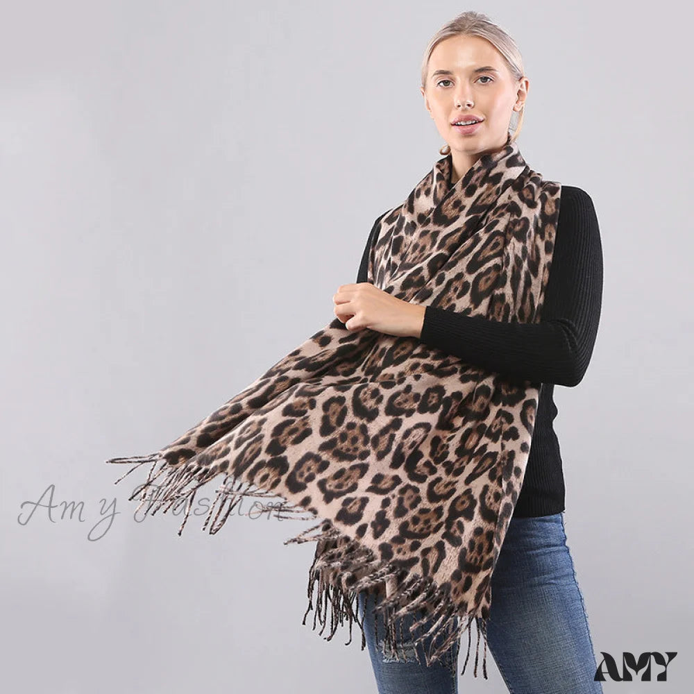 Autumn Winter Long Leopard Print Fringe Double-Sided Thick Warm Cozy Scarf