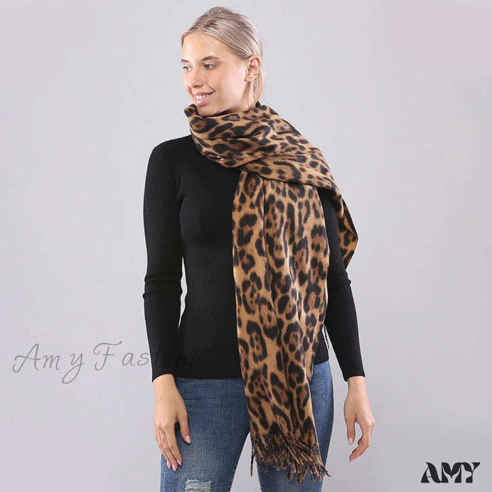 Autumn Winter Long Leopard Print Fringe Double-Sided Thick Warm Cozy Scarf Brown