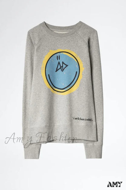 Autumn Winter Long Sleeve Comfortable Cozy Happy Face Stylish Hoodies Gray / Xs