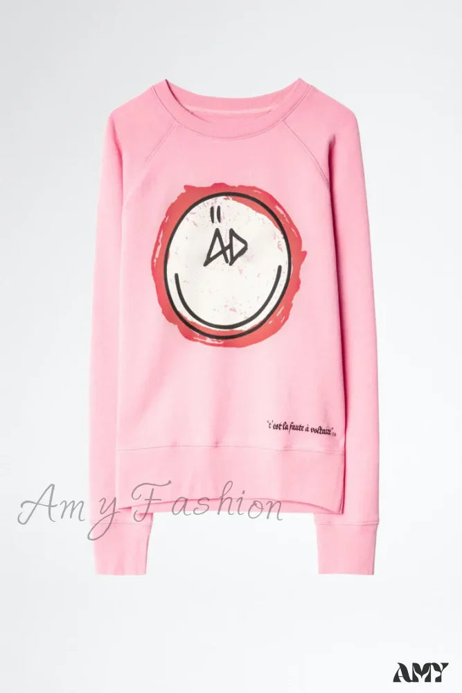 Autumn Winter Long Sleeve Comfortable Cozy Happy Face Stylish Hoodies Pink / Xs