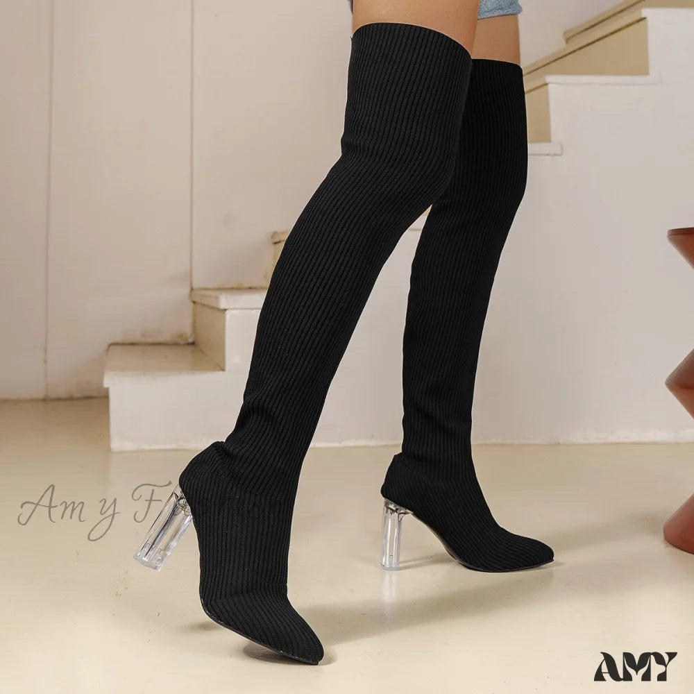 Autumn Winter New Slim High Heel Over-Knee Stretch Knit Pointed Toe Women’s Boots Plus Size Shoes