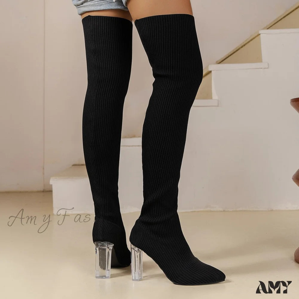 Autumn Winter New Slim High Heel Over-Knee Stretch Knit Pointed Toe Women’s Boots Plus Size Shoes