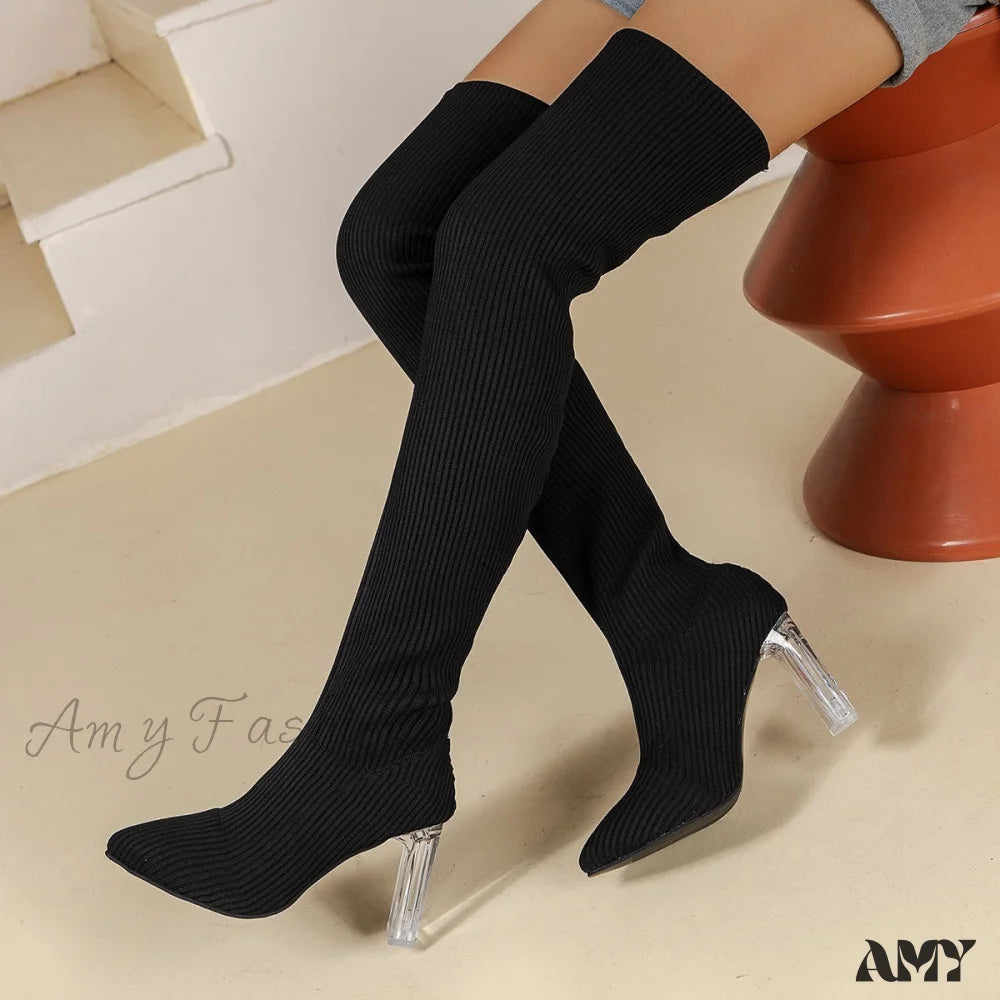 Autumn Winter New Slim High Heel Over-Knee Stretch Knit Pointed Toe Women’s Boots Plus Size Shoes