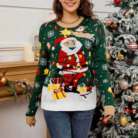 Autumn Winter Santa Jacquard Round Neck Retro Casual Christmas Sweater With Led Light Green / S