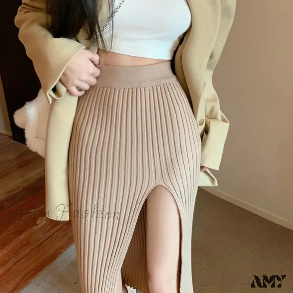Autumn Winter Split Stretch Slim-Fit Slimming Knitted Sexy High Waist Elegant Solid Color Skirt