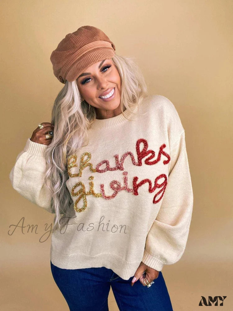 Autumn Winter Thanksgiving Christmas Ribbon Embroidery Loose Knit Sweater Beige / S