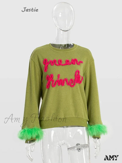 Autumn Winter Thanksgiving Christmas Ribbon Embroidery Loose Knit Sweater Green / S