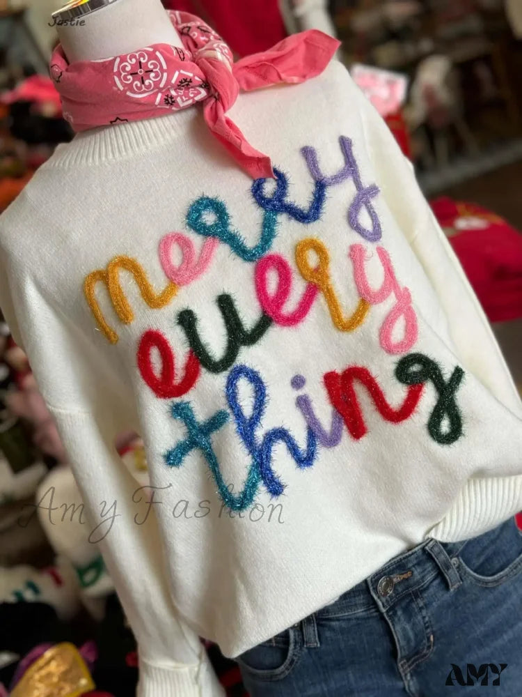 Autumn Winter Thanksgiving Christmas Ribbon Embroidery Loose Knit Sweater Light Beige / S