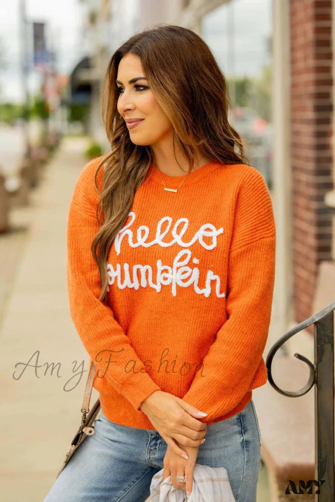 Autumn Winter Thanksgiving Christmas Ribbon Embroidery Loose Knit Sweater Orange / S