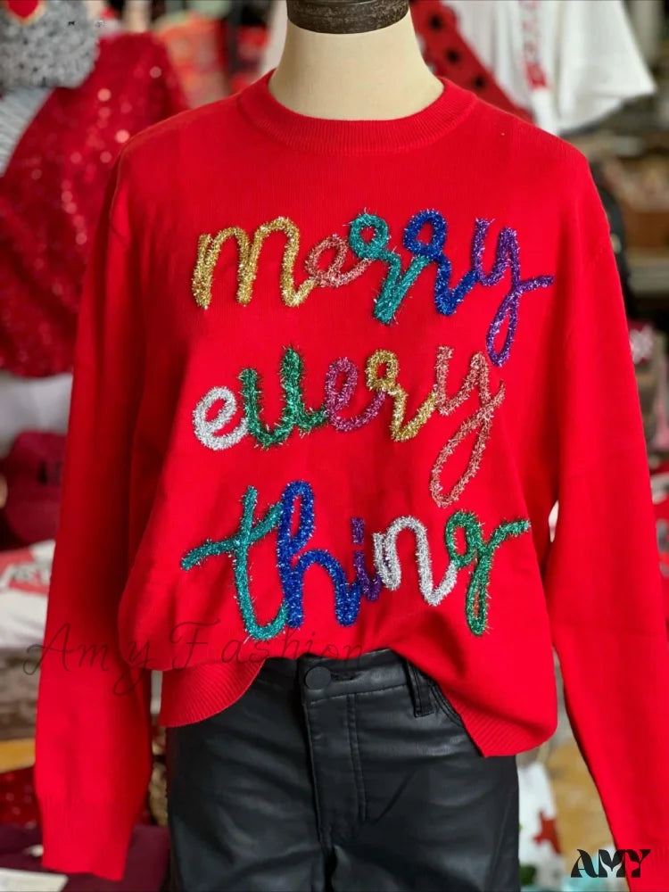 Autumn Winter Thanksgiving Christmas Ribbon Embroidery Loose Knit Sweater Red / M