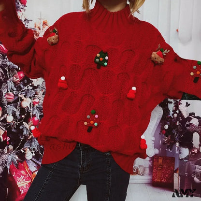 Autumn Winter Xmas Loose Round Neck Print Knitted Christmas Sweater