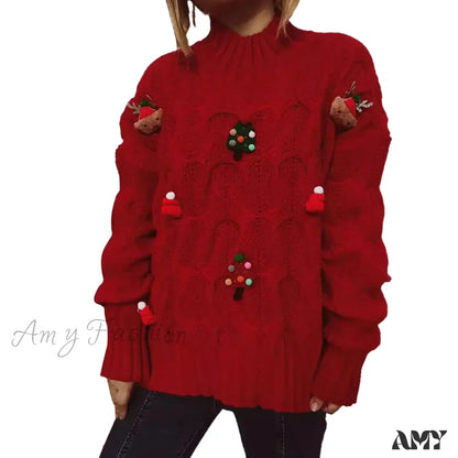 Autumn Winter Xmas Loose Round Neck Print Knitted Christmas Sweater Red / S