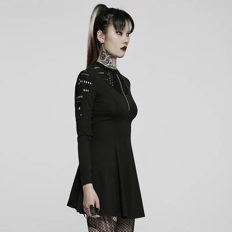 Long Sleeve Daily Wear Mesh Knitted 3D Chain Printing Drawstring Waist Retro Gothic Dress