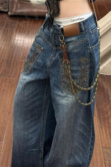 Edgy Deconstructed Embroidered Wide Leg Jeans