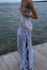 Sheer Sequin Ruffle 3D Floral Fringe Slip Dress