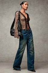 Leopard Print Lace-Paneled Sexy Blouse