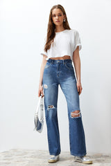 Washed Ripped High-Waist Drapey Straight Leg Jeans