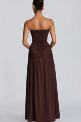 Solid Strapless High Slit Ruched Bodycon Party Dress