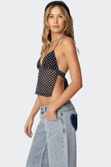 Polka Dot Backless Halter Slim Blouse