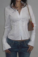 Solid Woven Slim Collared Button-Front Blouse