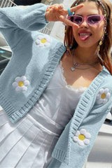 Sweet Floral Pattern Loose Cropped Knit Cardigan