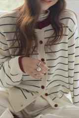 Color Block Stripe Crew Neck Embroidered Cardigan