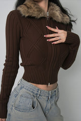 Faux Fur Collar Ribbed Zip Cardigan Sweater