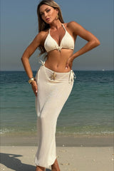 Sexy Solid Mesh Long Skirt Three Piece Swim Set
