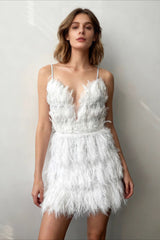 Deep V Feather Patchwork Short Slip Dress
