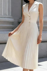 Ruched Ice Silk Lapel High Waist Work Dress