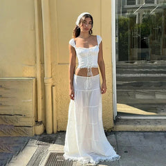 Lace Off Shoulder Long Skirt Two Piece Set