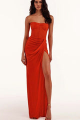 High-End Strapless Backless Ruched Slit Party Dress