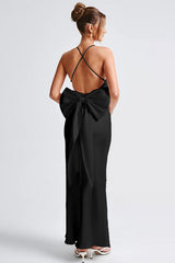 Satin Maxi Dress with Bow Detail Silk Dress