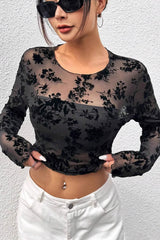Black Mesh Crewneck Long-Sleeve Sexy Blouse