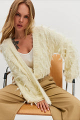 V Neck Fringe Short Loose Slouchy Knit Cardigan