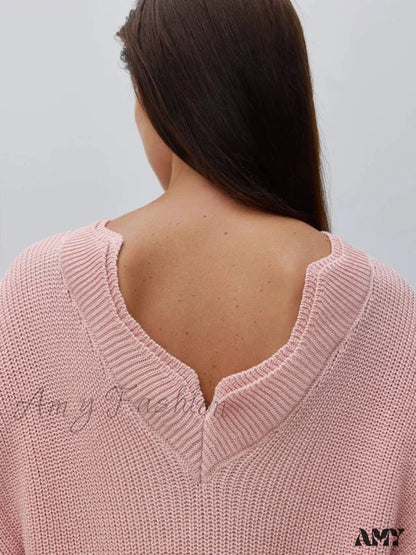 Backless Cut Out Long Sleeve Christmas Sweater Pink / S