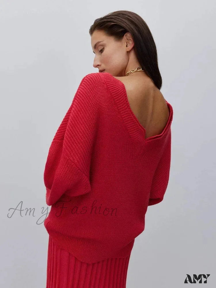 Backless Cut Out Long Sleeve Christmas Sweater Red / S