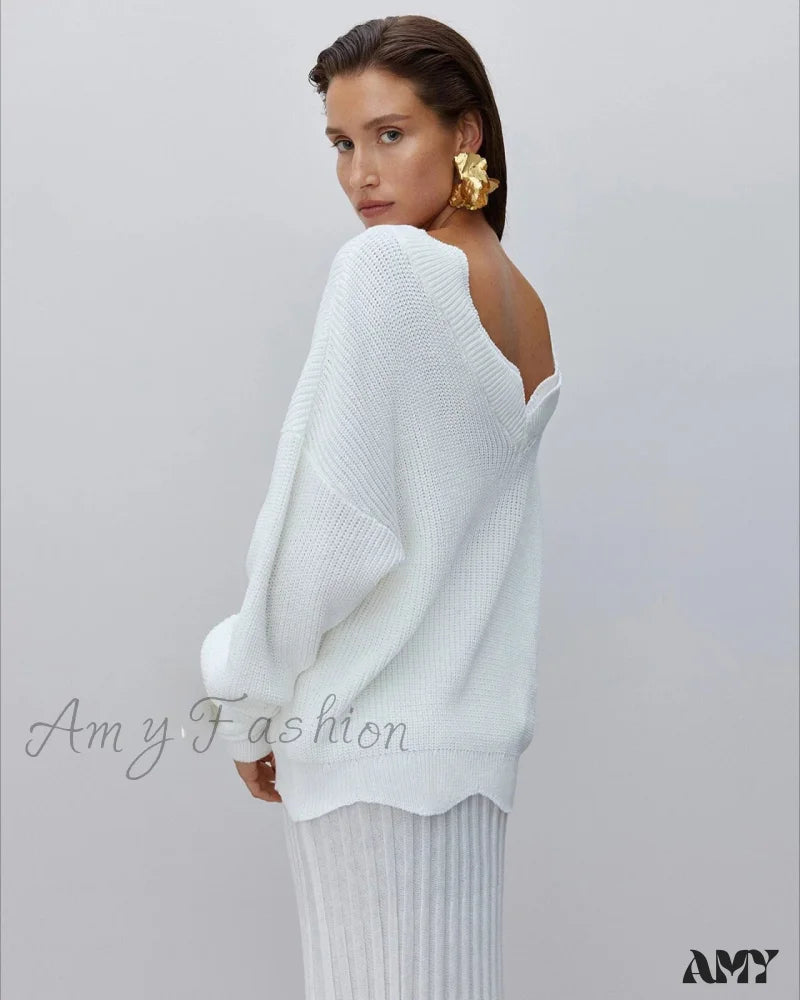 Backless Cut Out Long Sleeve Christmas Sweater White / S