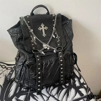 Backpack Leather Girls Y2K Gothic Style Korean Skull Soft Cross Punk Bag Chain