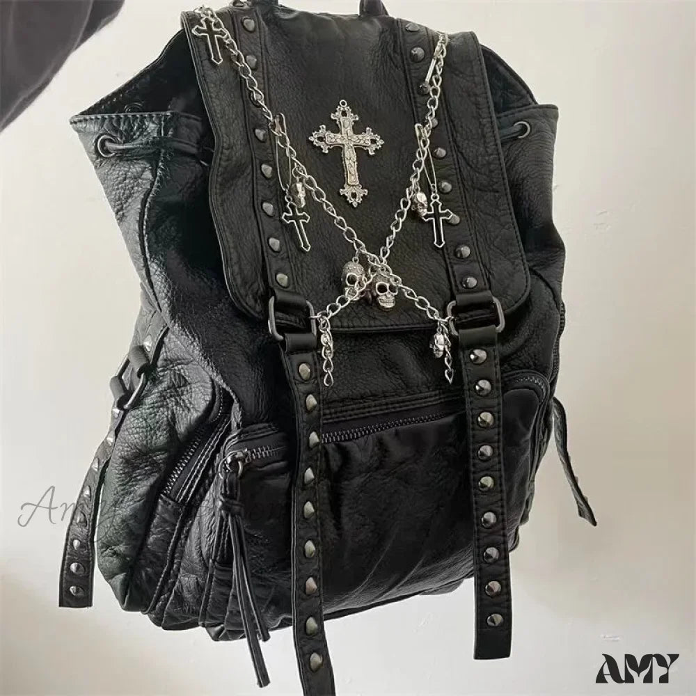 Backpack Leather Girls Y2K Gothic Style Korean Skull Soft Cross Punk Bag Chain Black